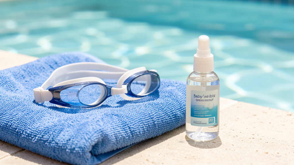 Swim goggles, a small bottle of baby shampoo, and a poolside towel arranged as anti-fog essentials.