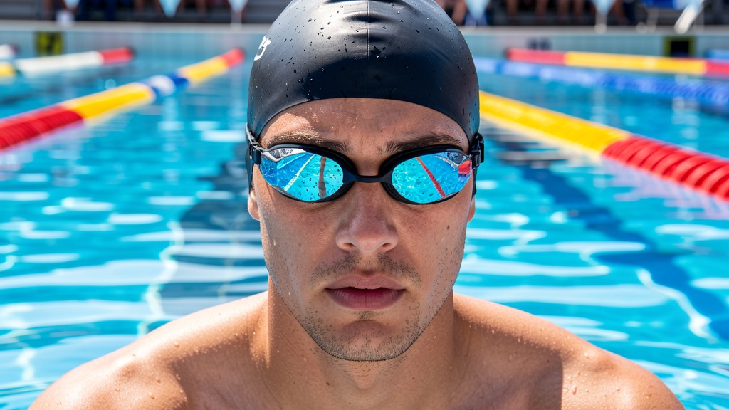 Competitive swimmer wearing mirrored racing goggles at an outdoor pool